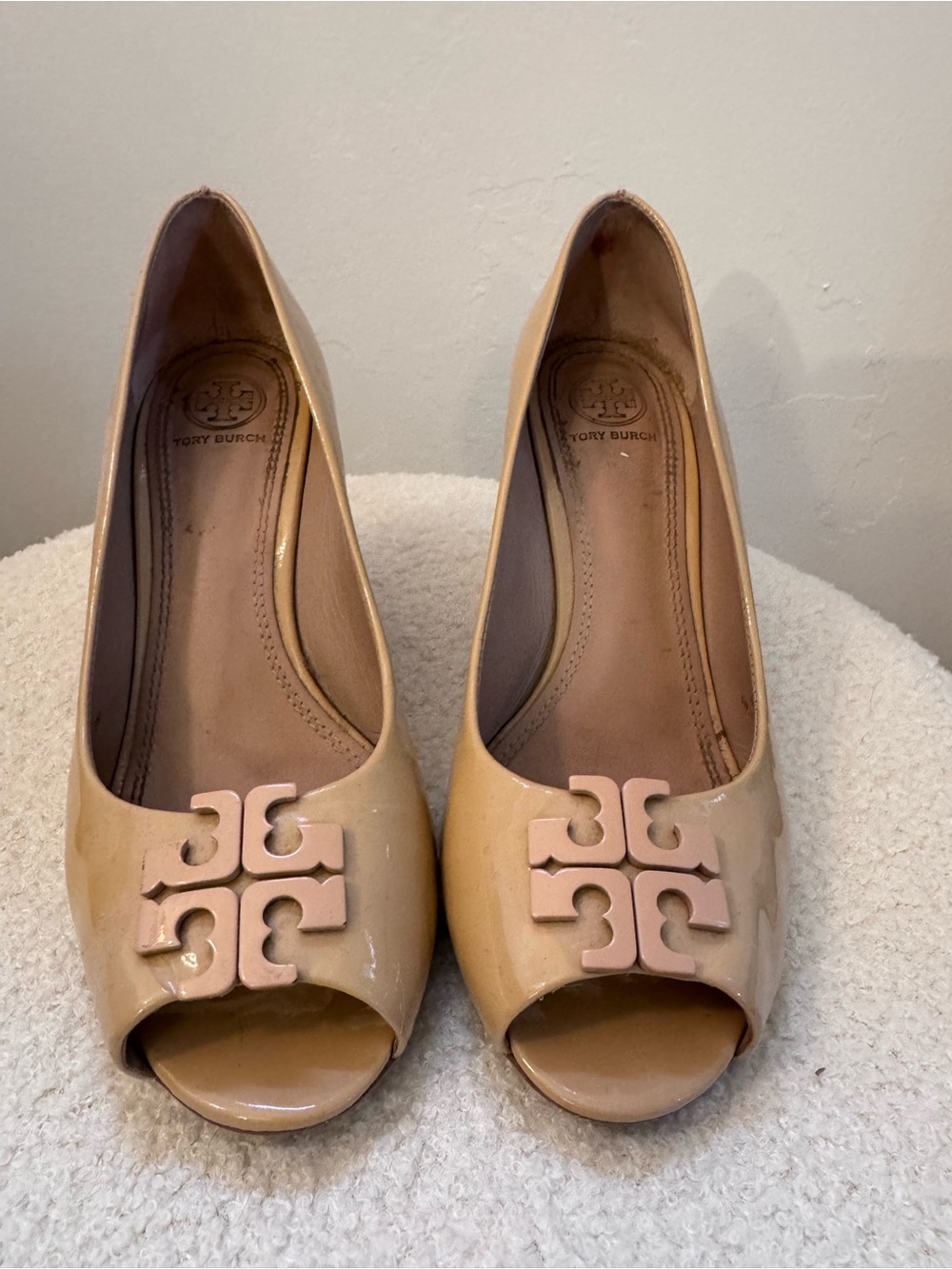 Tory Burch Nude Patent Peep-Toe Wedges with Blush Logo